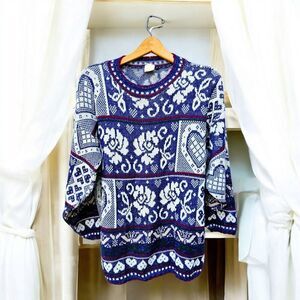 Vtg Y2k Metallic Blue Patchwork Tunic Sweater L Hearts Flowers Ugly Christmas